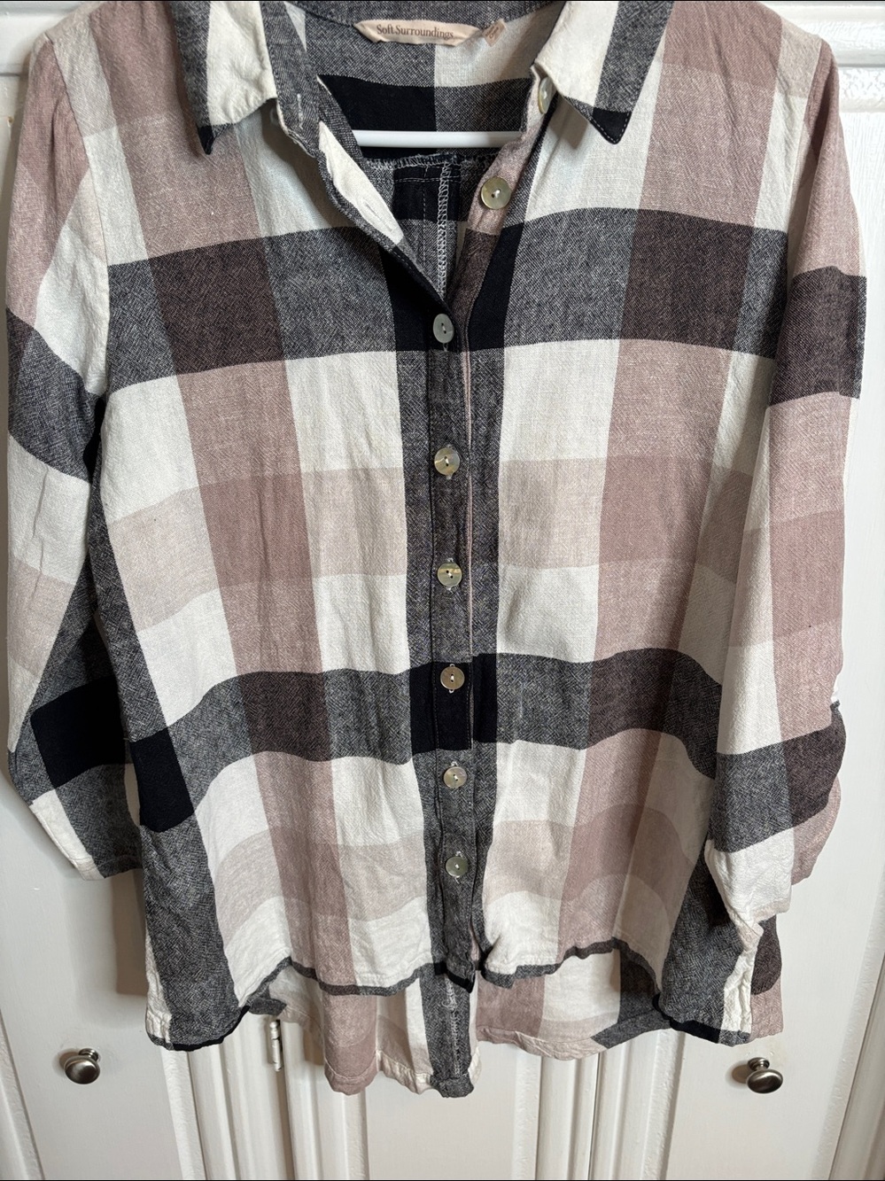 Soft Surroundings Black & Cream Plaid Button-Up sz M - Picture 8 of 11